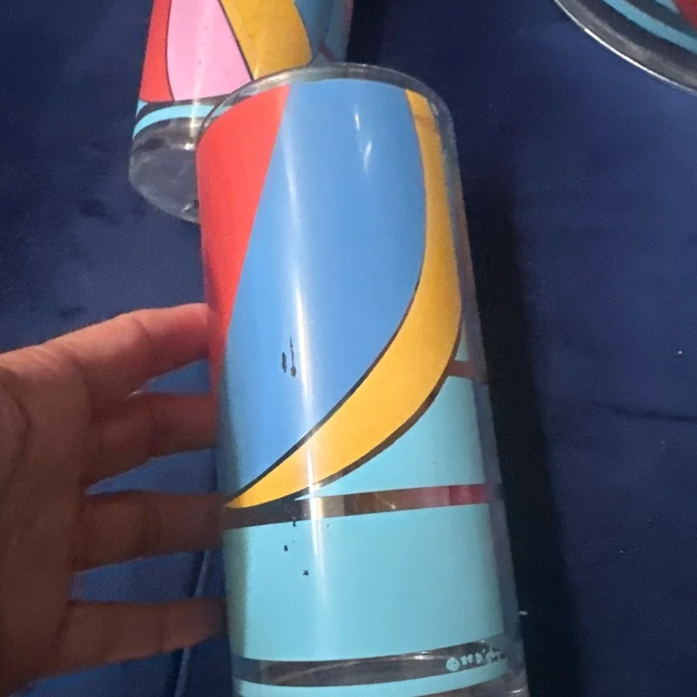 Vintage Acrylic Beach Ball Ice Bucket and 4 Tumbler Glass Set Retro Barware Blue